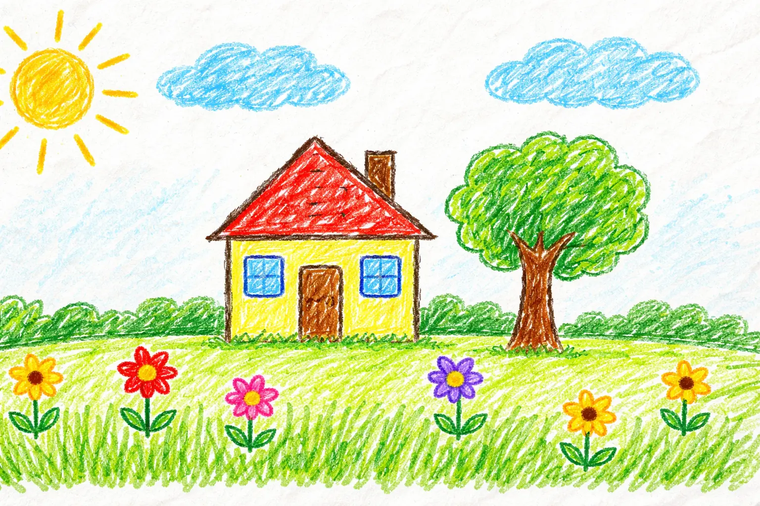 Kinderbild mit Haus und Blumen